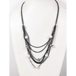 Layered Gunmetal Chain Necklace Crystal Ball Faux Pearl Statement 24"